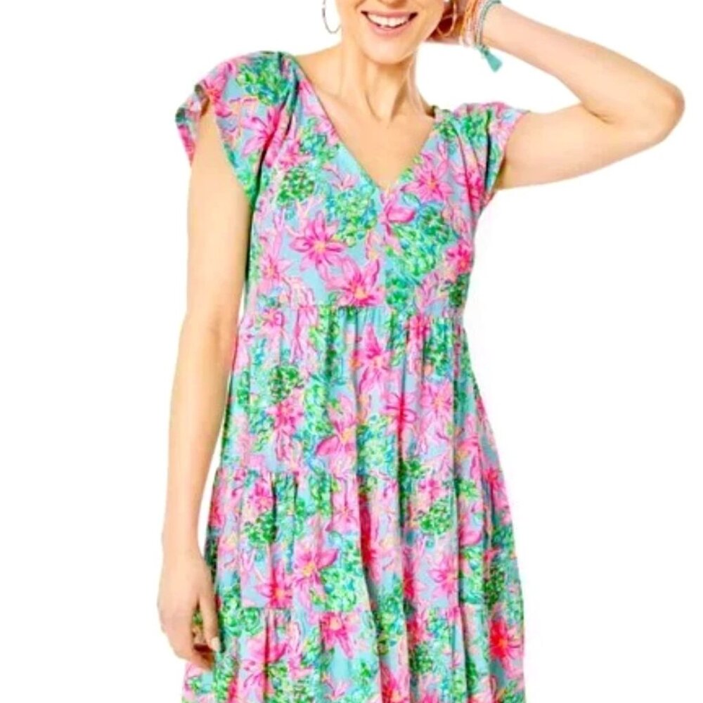 Lilly Pulitzer Tiered Mini Dress Womens XXS Blue Pink Tropical Floral Preppy